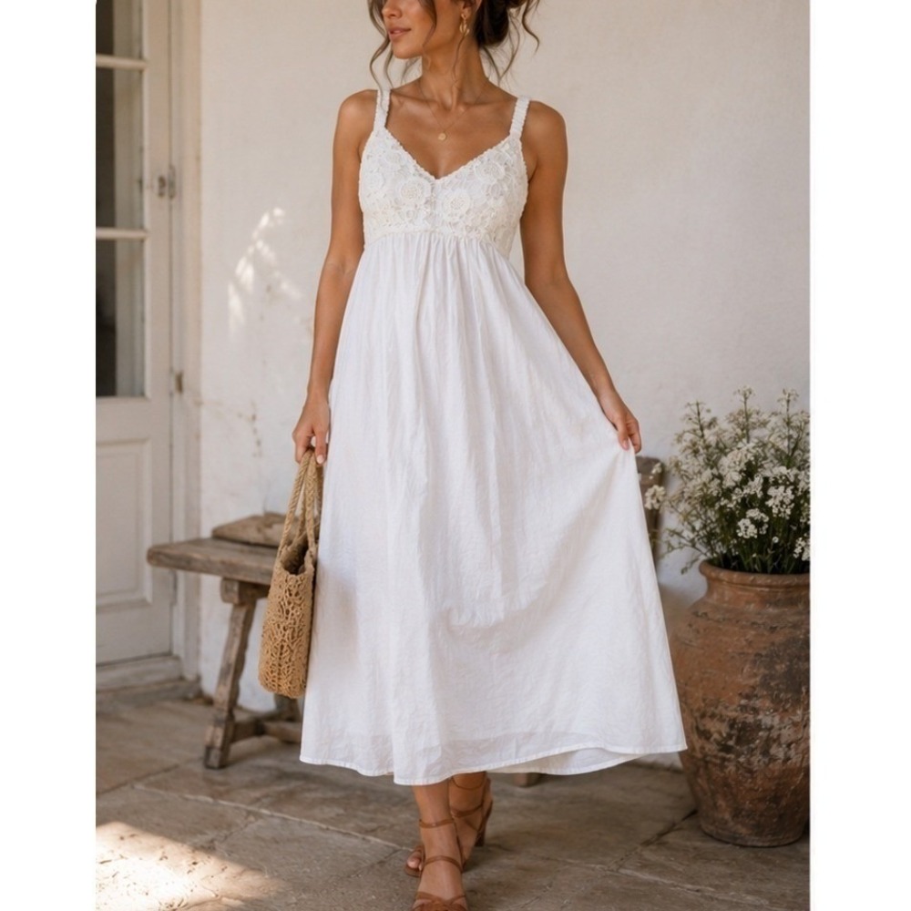Victorian Classics White 100% Cotton Cottagecore Prairie Midi Dress Lace Smocked
